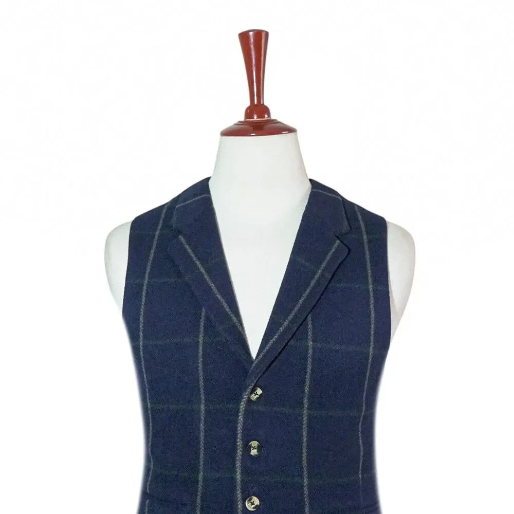 Mens 46R Wool Vest Navy Blue Windowpane Check Waistcoat Preppy Formal Casual